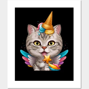 Silver Tabby Cat Ice Cream Unicorn Posters and Art